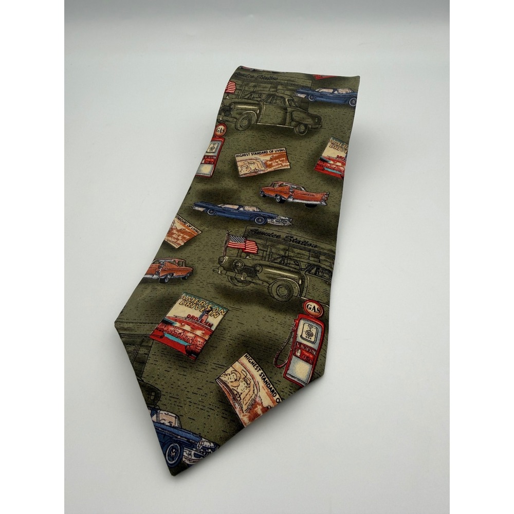 Tango by Max Raab Silk Tie Americana Fifties Automobiles Drive-In Movies Olive